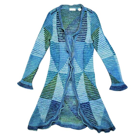 Anthropologie Sleeping on Snow Colorblock Long Line Clasp Ruffle Cardigan - L - Picture 1 of 10